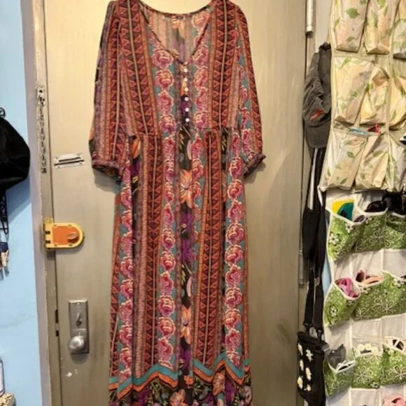 Boho Retro Chiffon Long Sleeve Geometric Floral Maxi Dresses - Picture 6 of 16